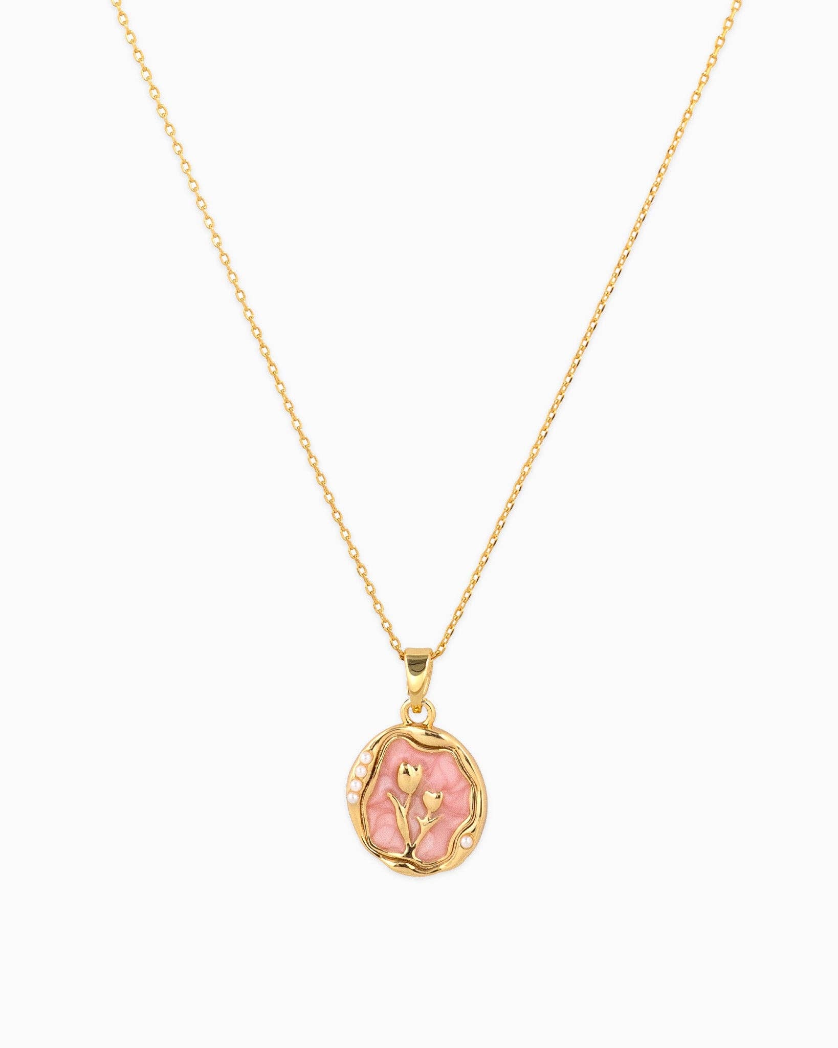 Pink Coin Tulip Pendant Necklace