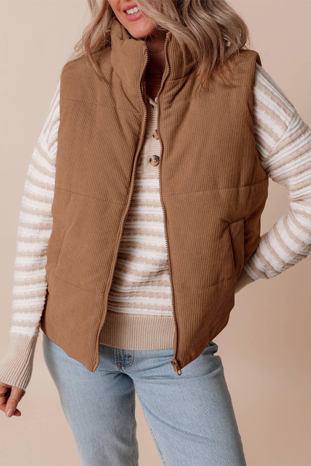 Womens Corduroy Stand Neck Zipped Puffer Vest