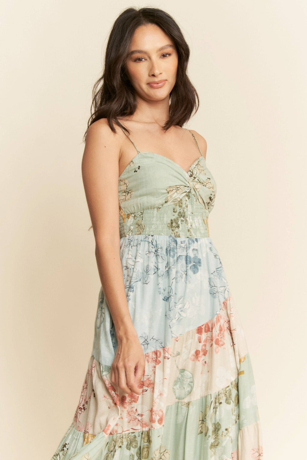 ETHNIC FLORAL MIX MATCHED TIERED MAXI DRESS