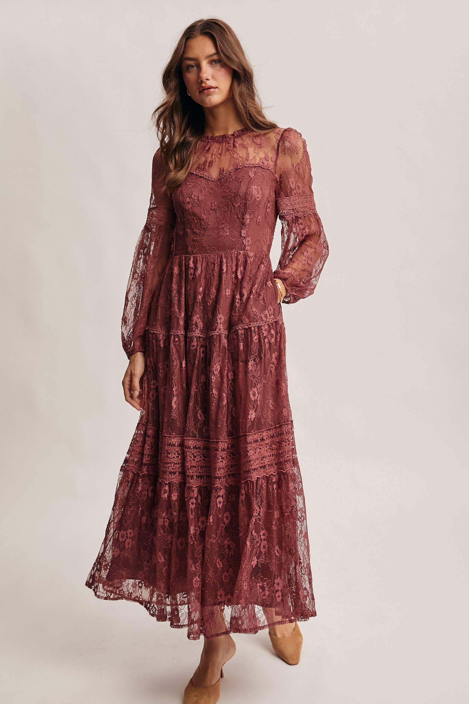 Tiered Long Sleeve Lace Maxi Dress
