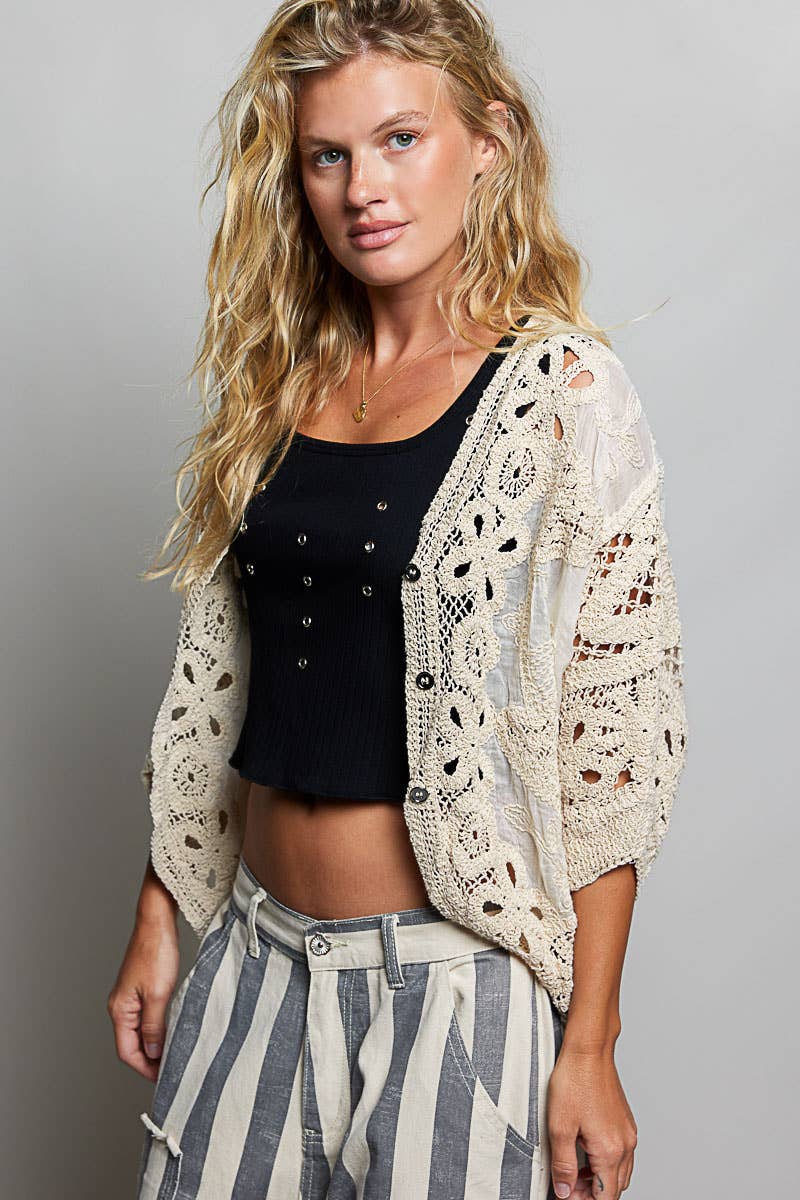 Batwing Sleeve Button Down Solid Crochet Cardigan Top