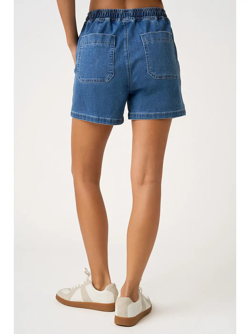 Dark Washed Denim Drawstring Patch Pocket Shorts