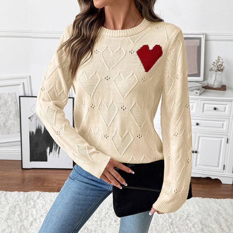 Apricot Round Neck Heart Print Valentine Sweater