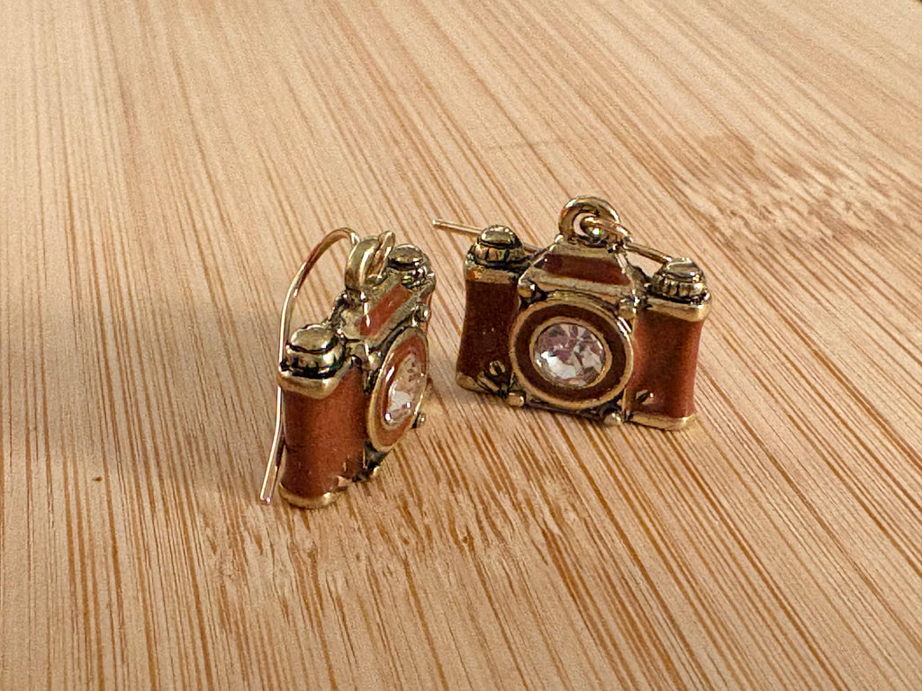 Crystal Lens Brown_Brass Film Camera Retro Earrings