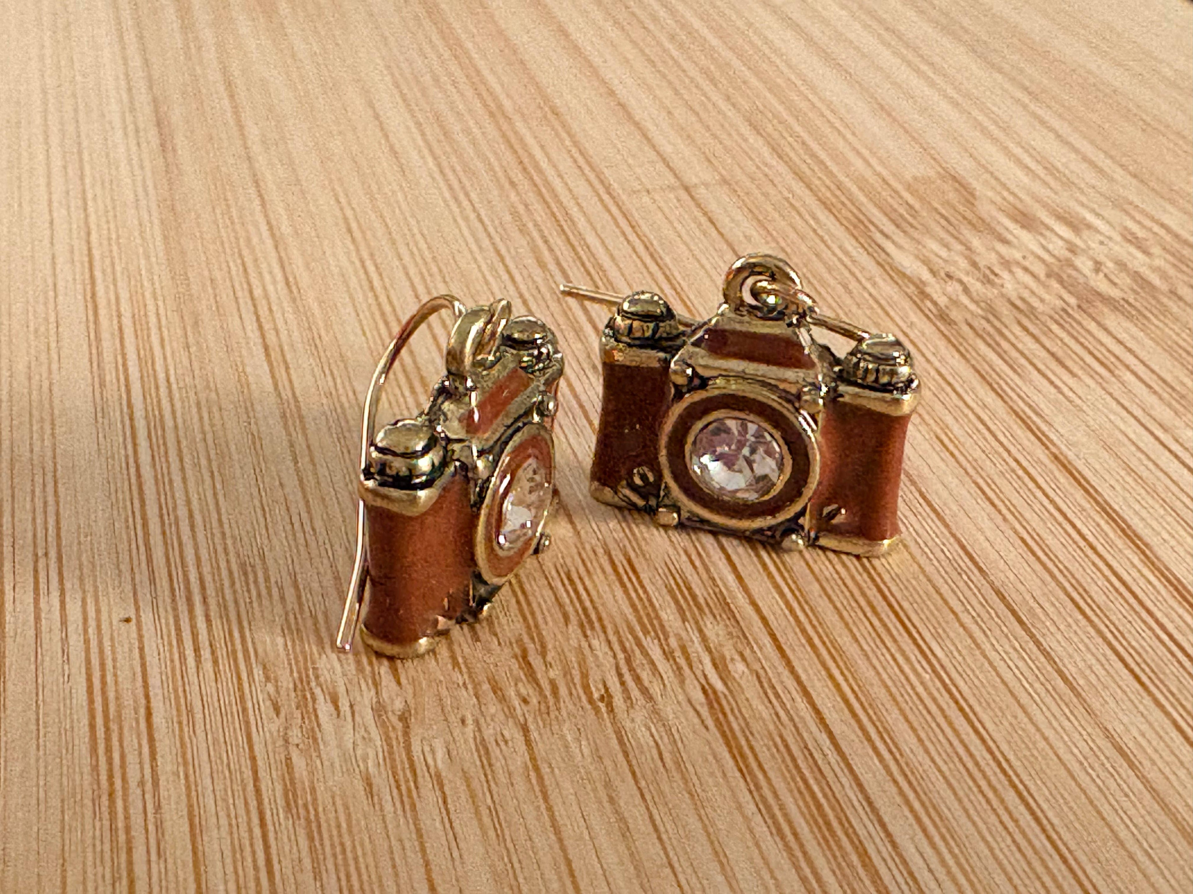 Crystal Lens Brown_Brass Film Camera Retro Earrings