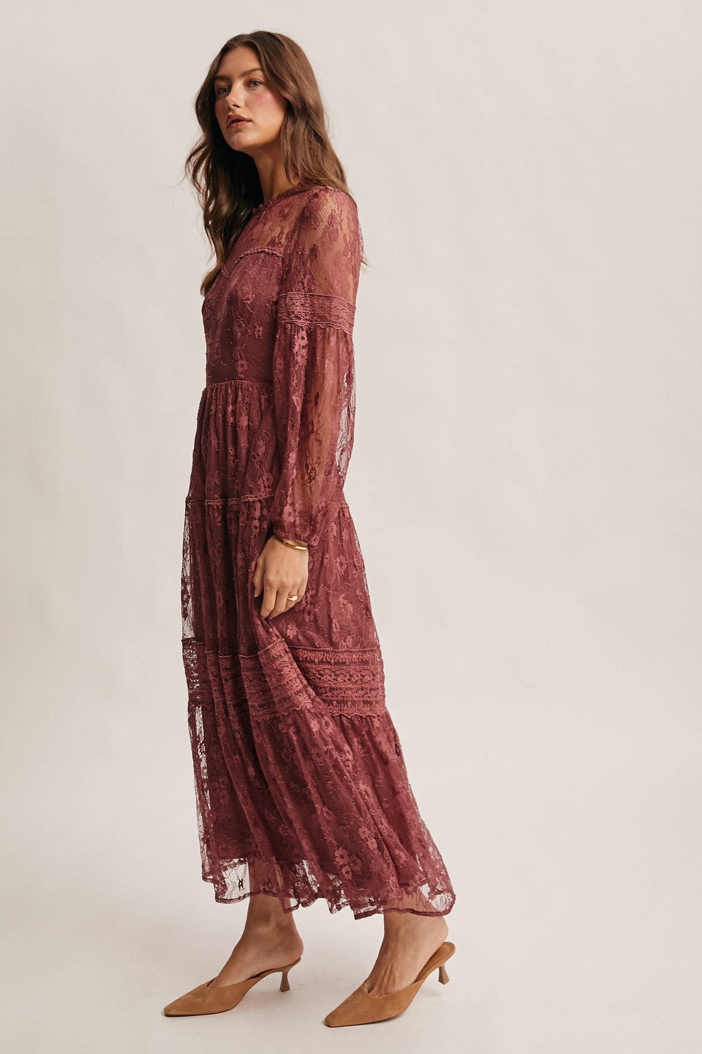 Tiered Long Sleeve Lace Maxi Dress
