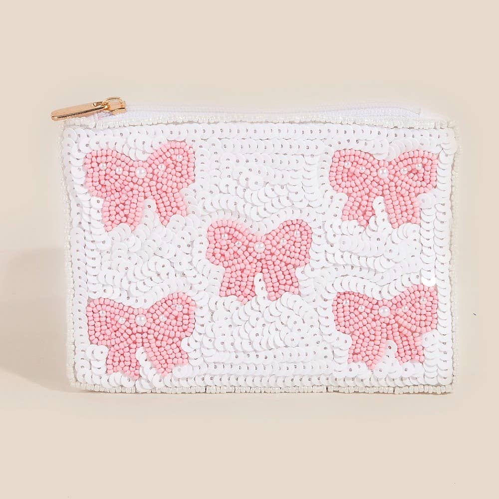 Pink Pearl Bead Ribbon Bow Mixed Beaded Coin Purse