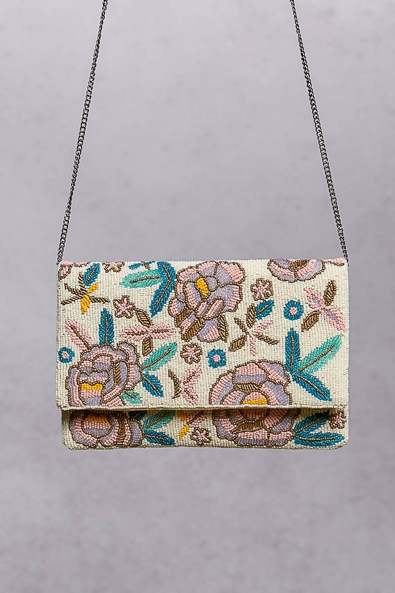 Floral Beaded Chain Strap Ivory Mini Shoulder Bag