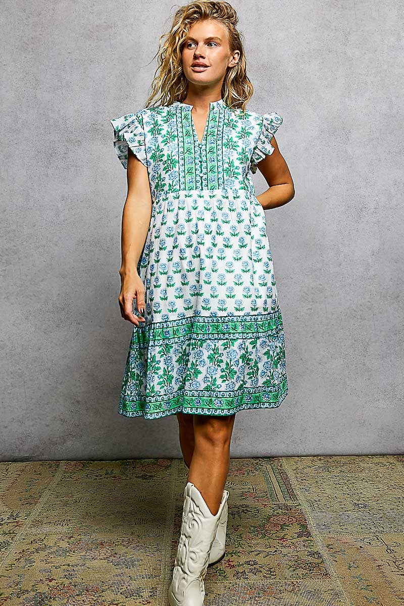 Boho Floral Print Ruffle Sleeve V-Neck Midi Dress