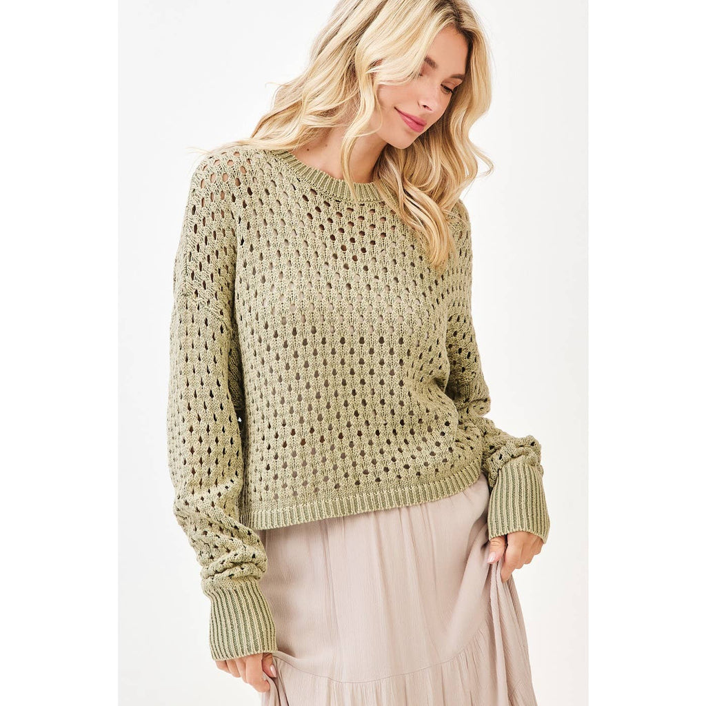 MINERAL WASH OPEN KNIT LONG SLEEVE SWEATER TOP