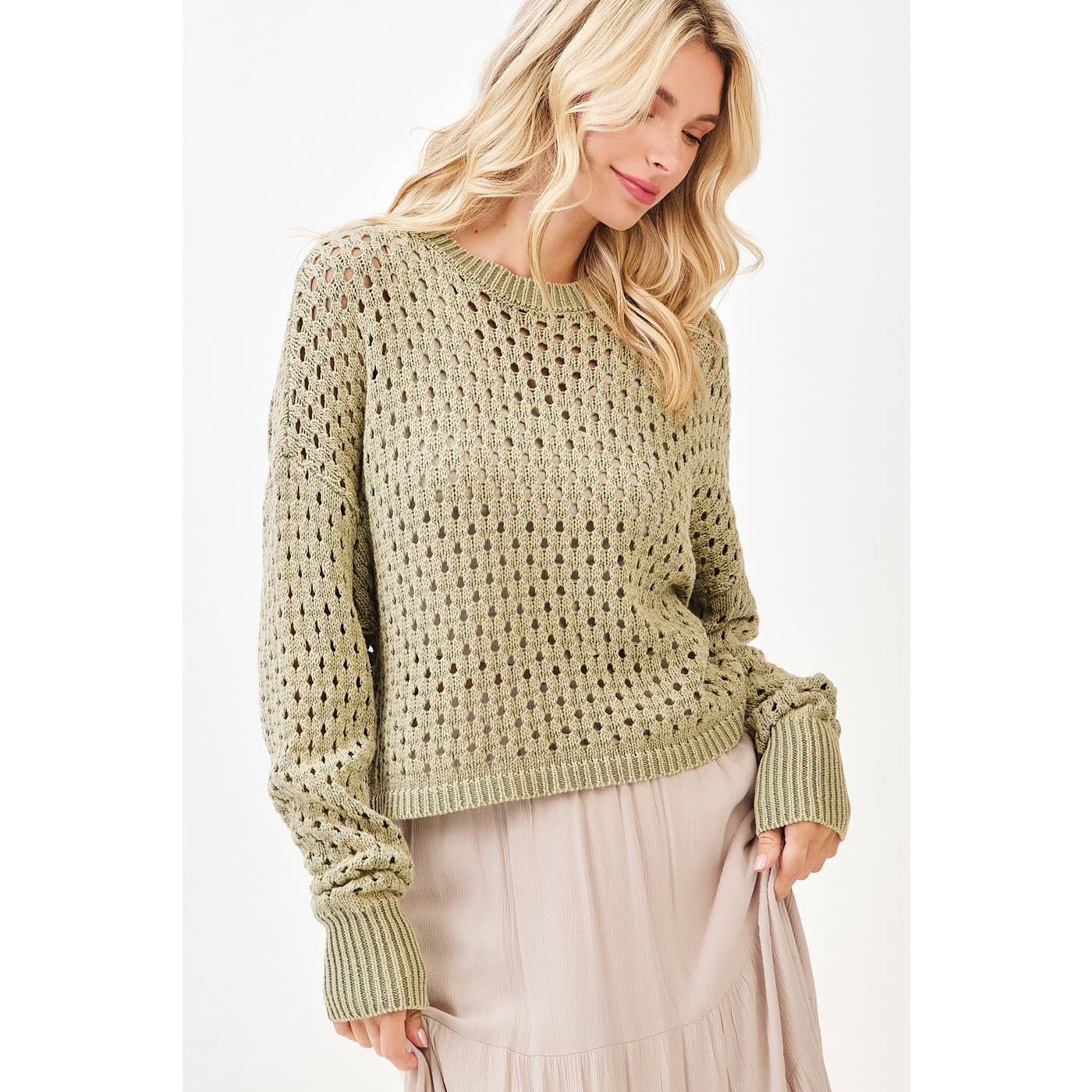 MINERAL WASH OPEN KNIT LONG SLEEVE SWEATER TOP