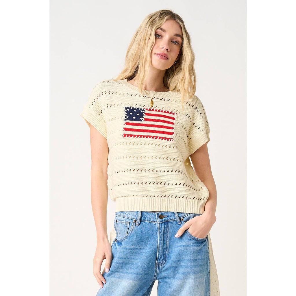 AMERICAN FLAG PATCH SHORT SLEEVE KNIT SWEATER TOP