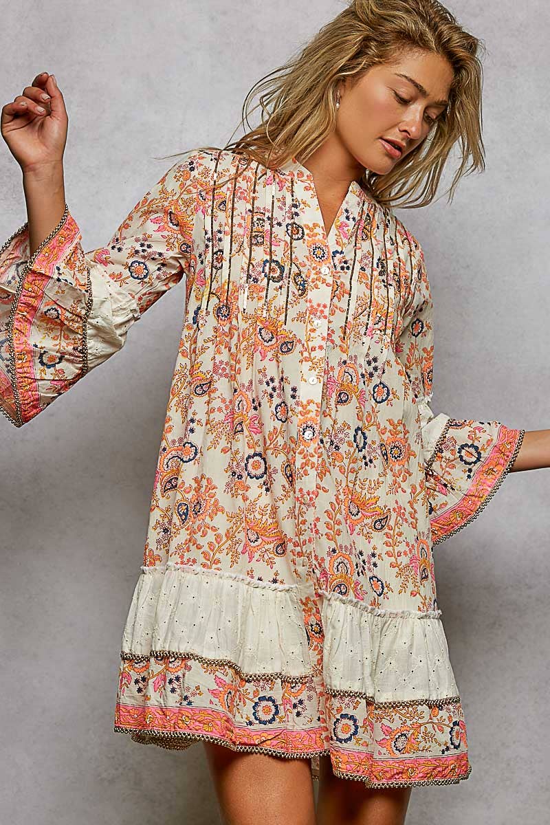3/4 Sleeve Eyelet Contrast Printed Woven Dress