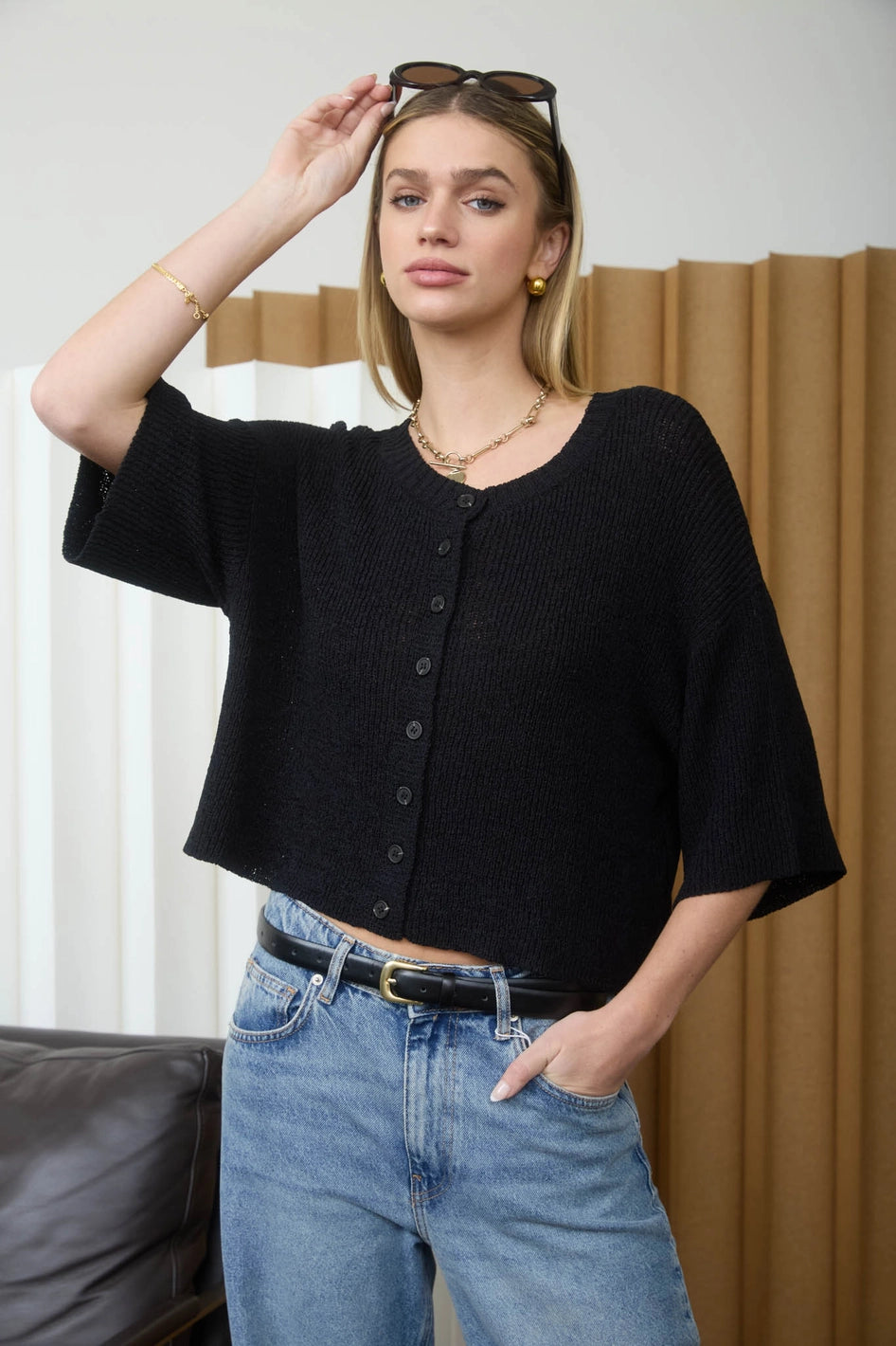 Boxy Short Sleeve Button Down Knit Cardigan