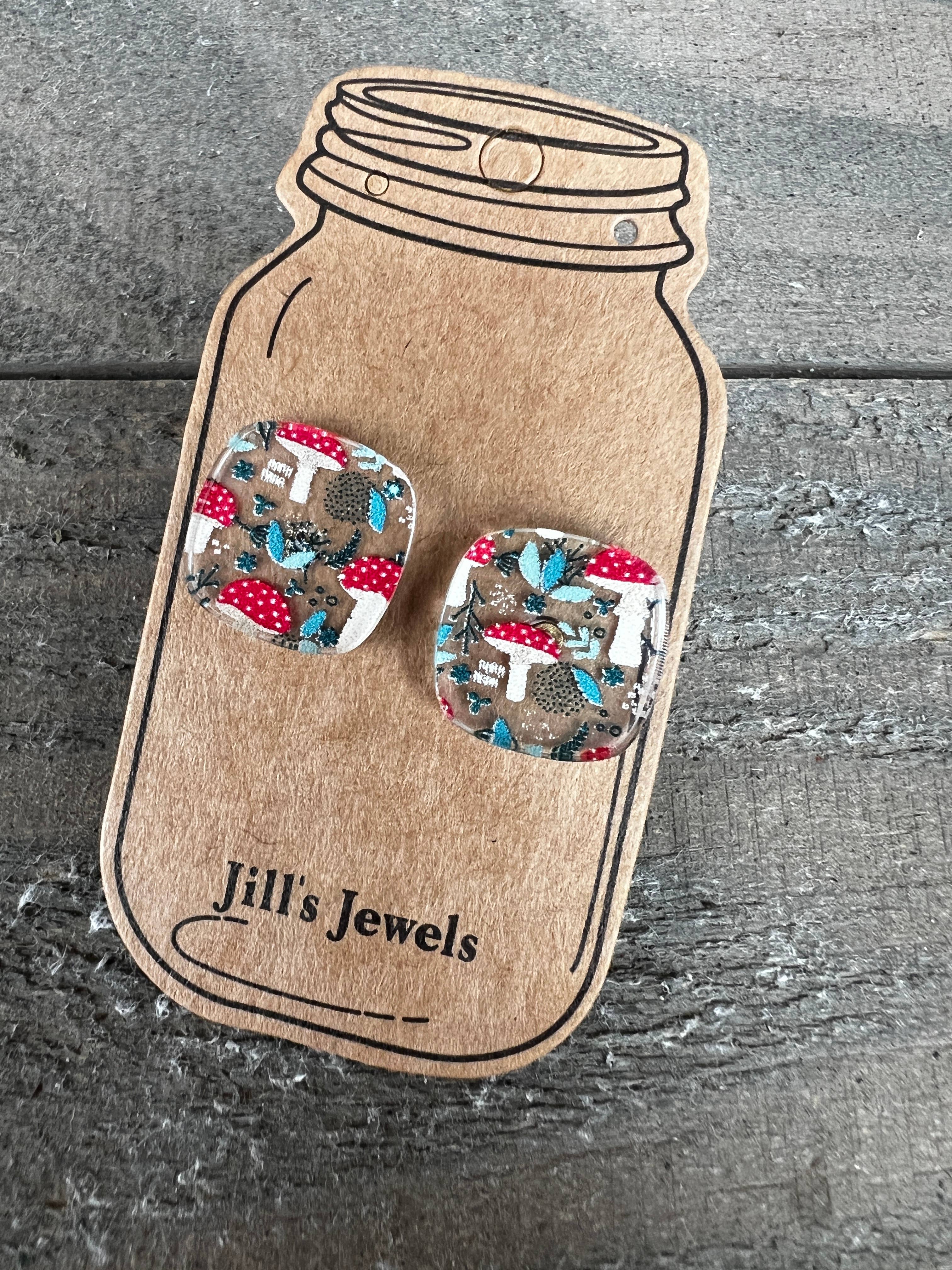 Red Mushroom Square Boho Stud Earrings