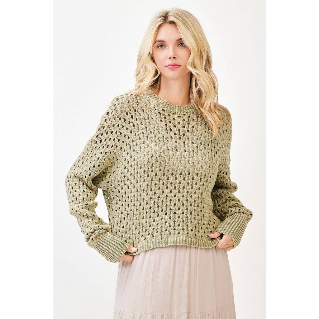 MINERAL WASH OPEN KNIT LONG SLEEVE SWEATER TOP