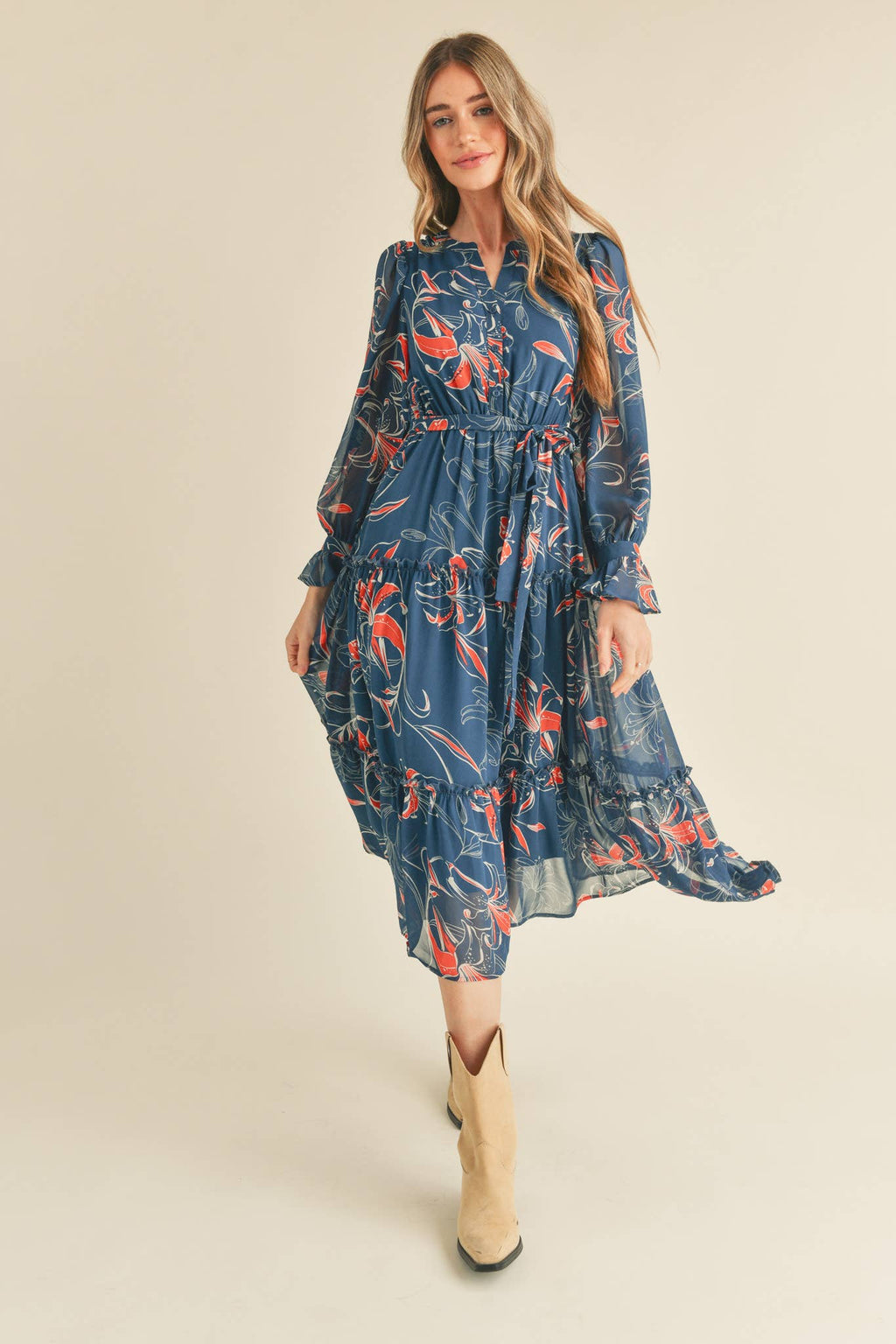 EXCLUSIVE PRINT TIERED BUTTON DOWN MIDI DRESS