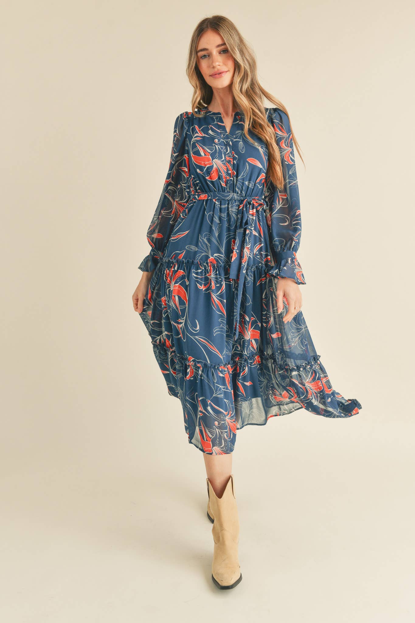 EXCLUSIVE PRINT TIERED BUTTON DOWN MIDI DRESS