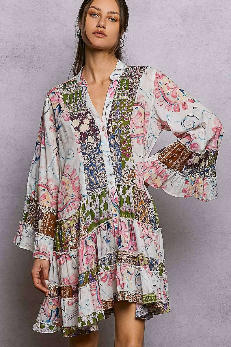Printed Woven V-Neck Long Sleeve Dress