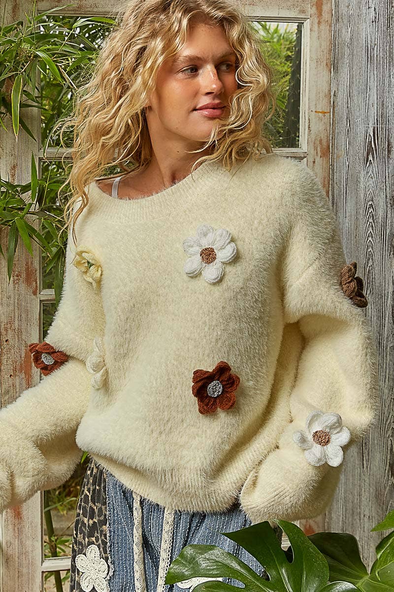 Round neck long sleeve 3D floral mohair sweater top SALE