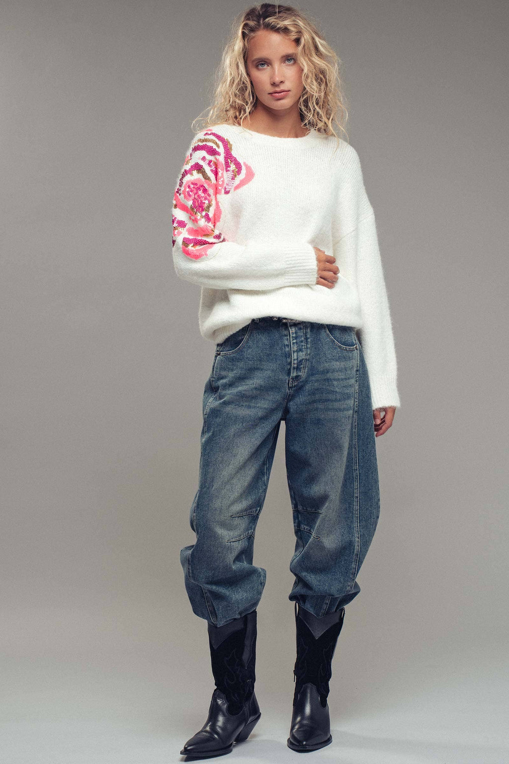 Sequin Floral Fuzzy Knit Sweater
