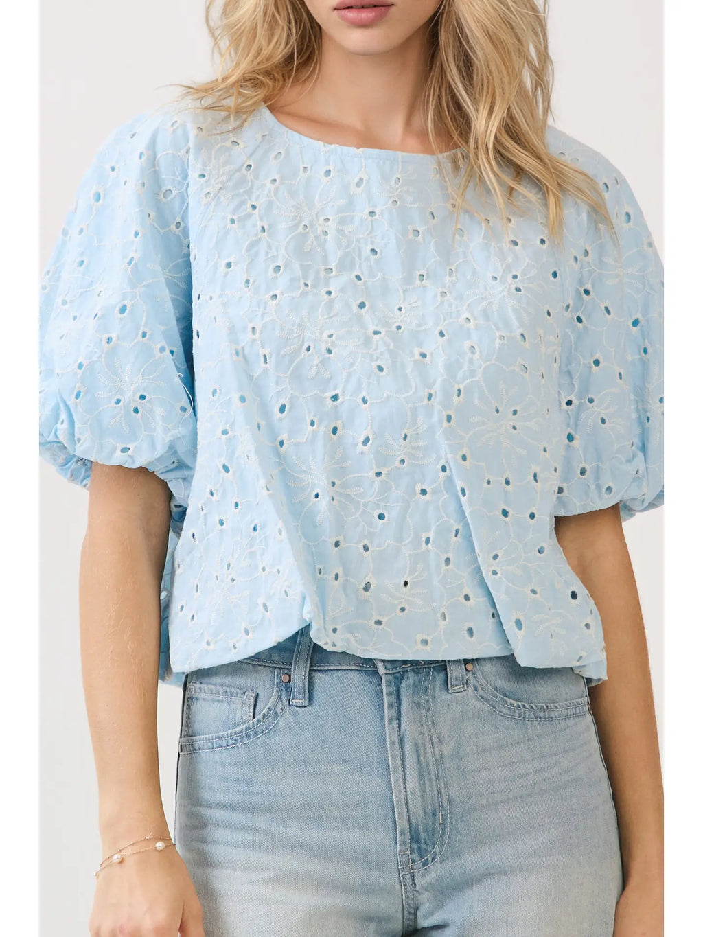 Embroidered Eyelet Bubble Sleeves Blouse