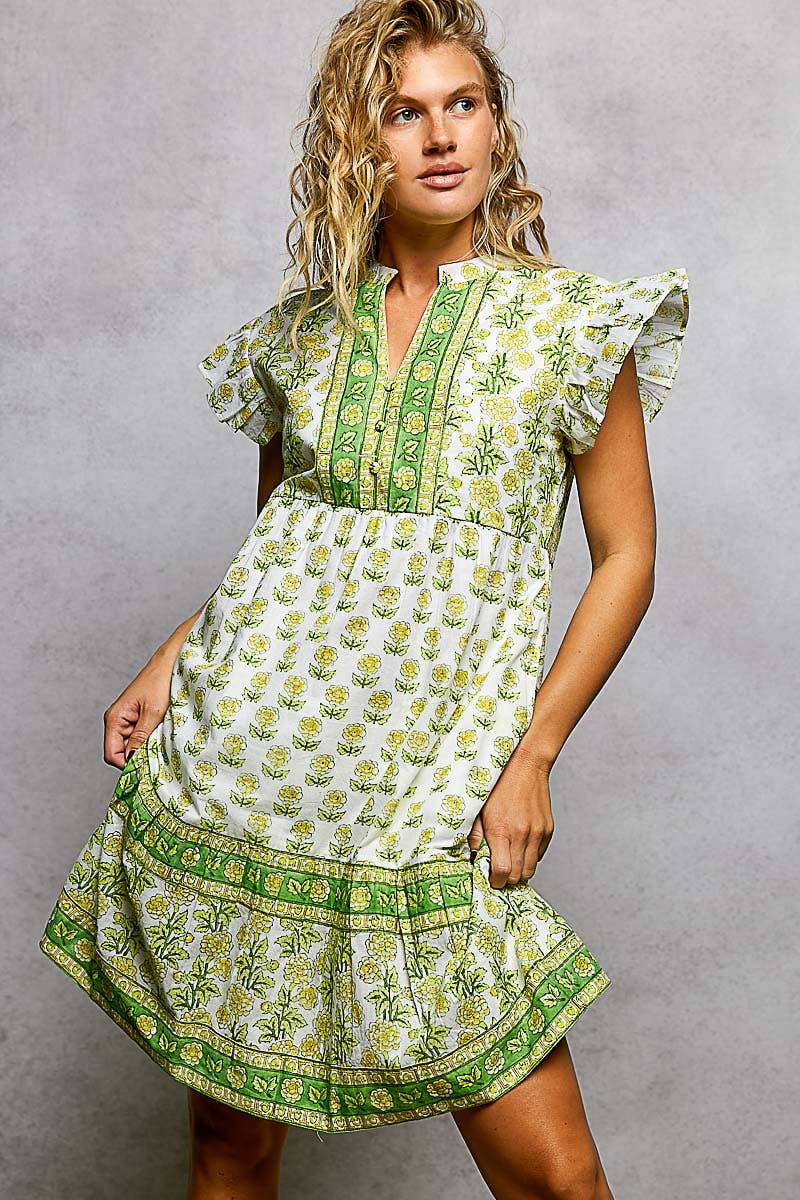 Boho Floral Print Ruffle Sleeve V-Neck Midi Dress