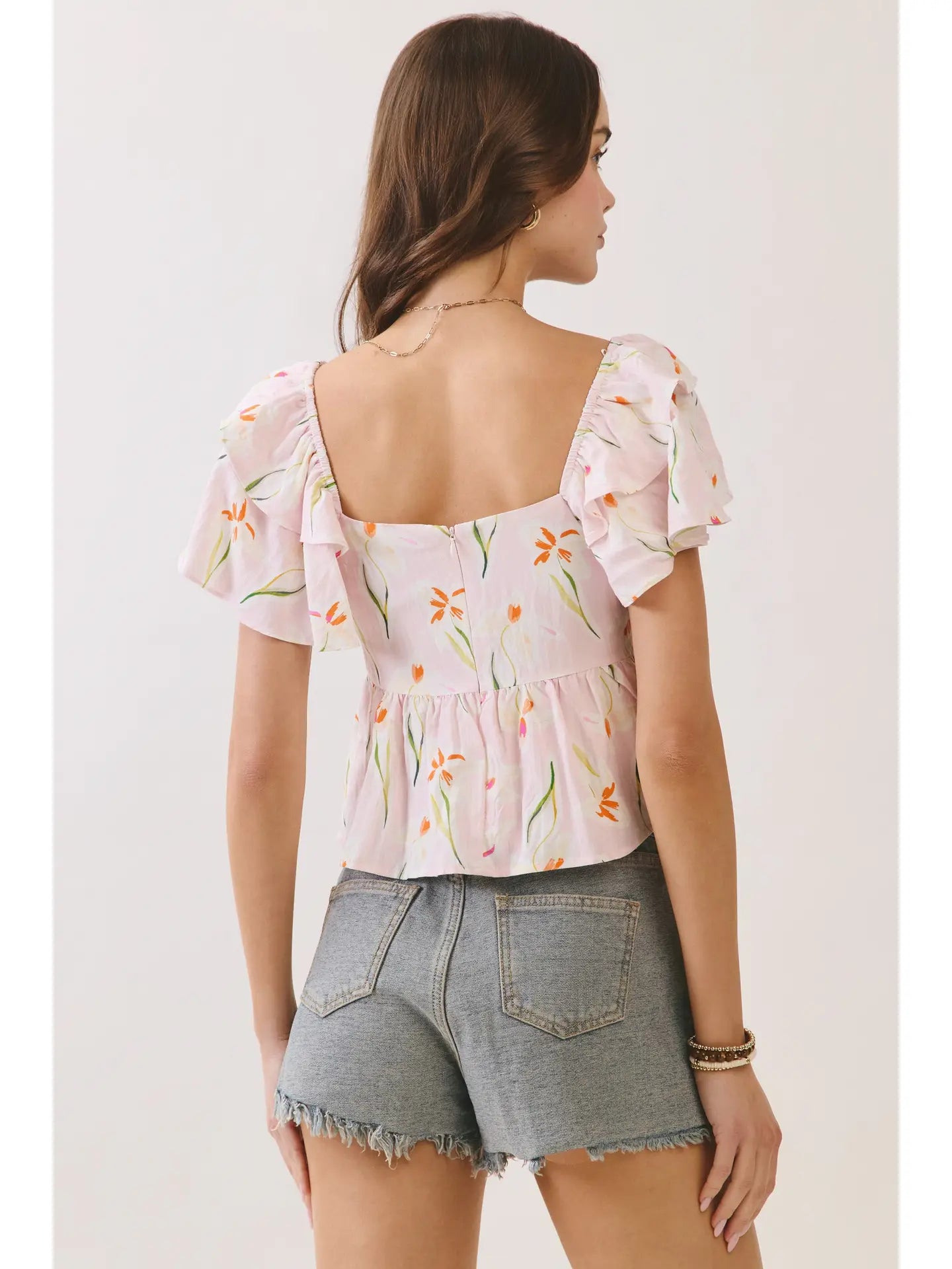 Floral Print Ruffle Sleeve V Neck Babydoll Top