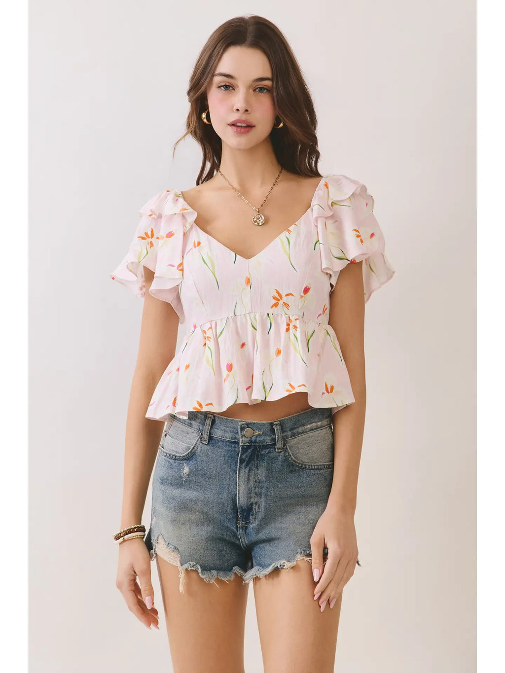 Floral Print Ruffle Sleeve V Neck Babydoll Top