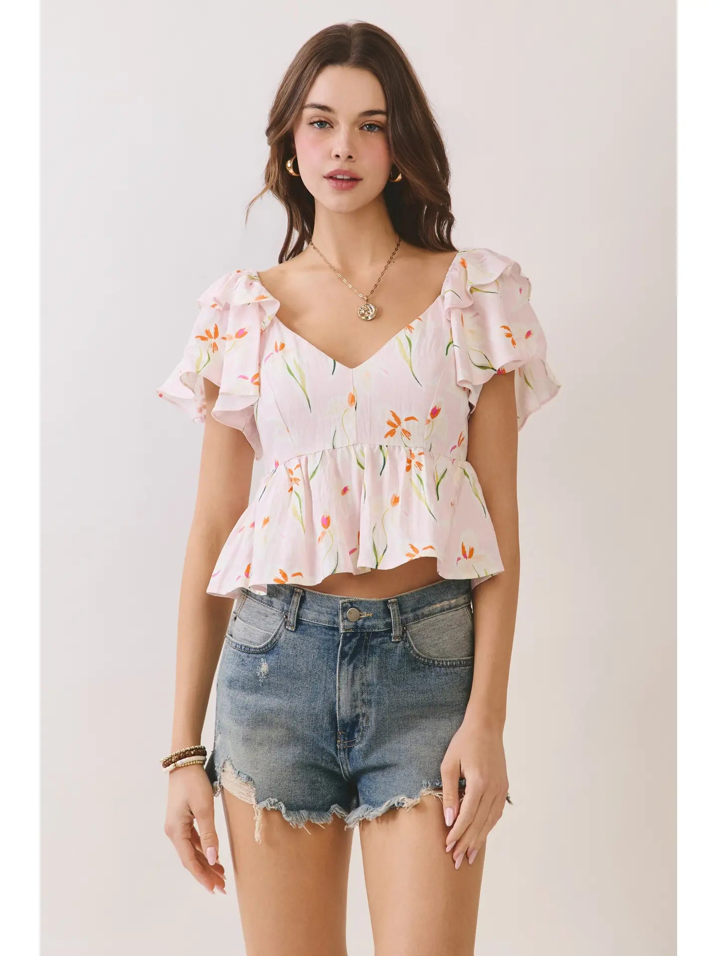 Floral Print Ruffle Sleeve V Neck Babydoll Top