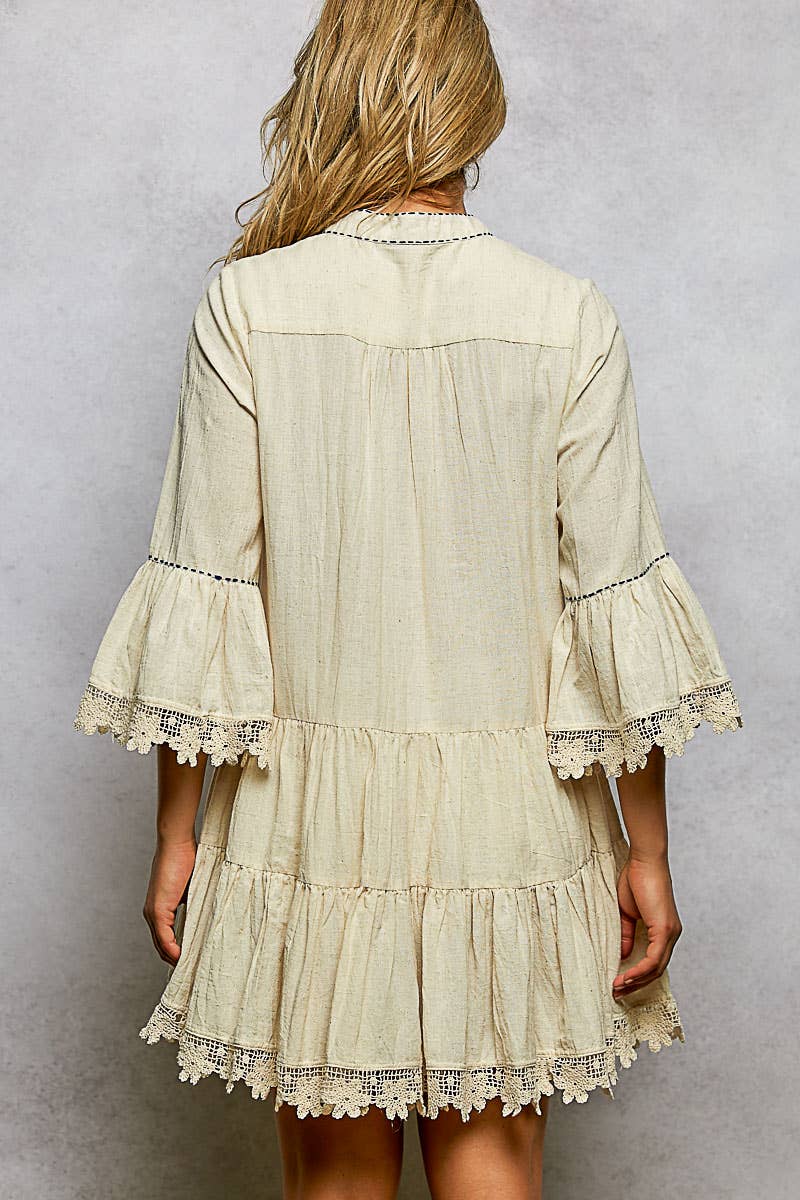 Linen 3/4 Sleeve V-Neck Lace Embroidery Dress