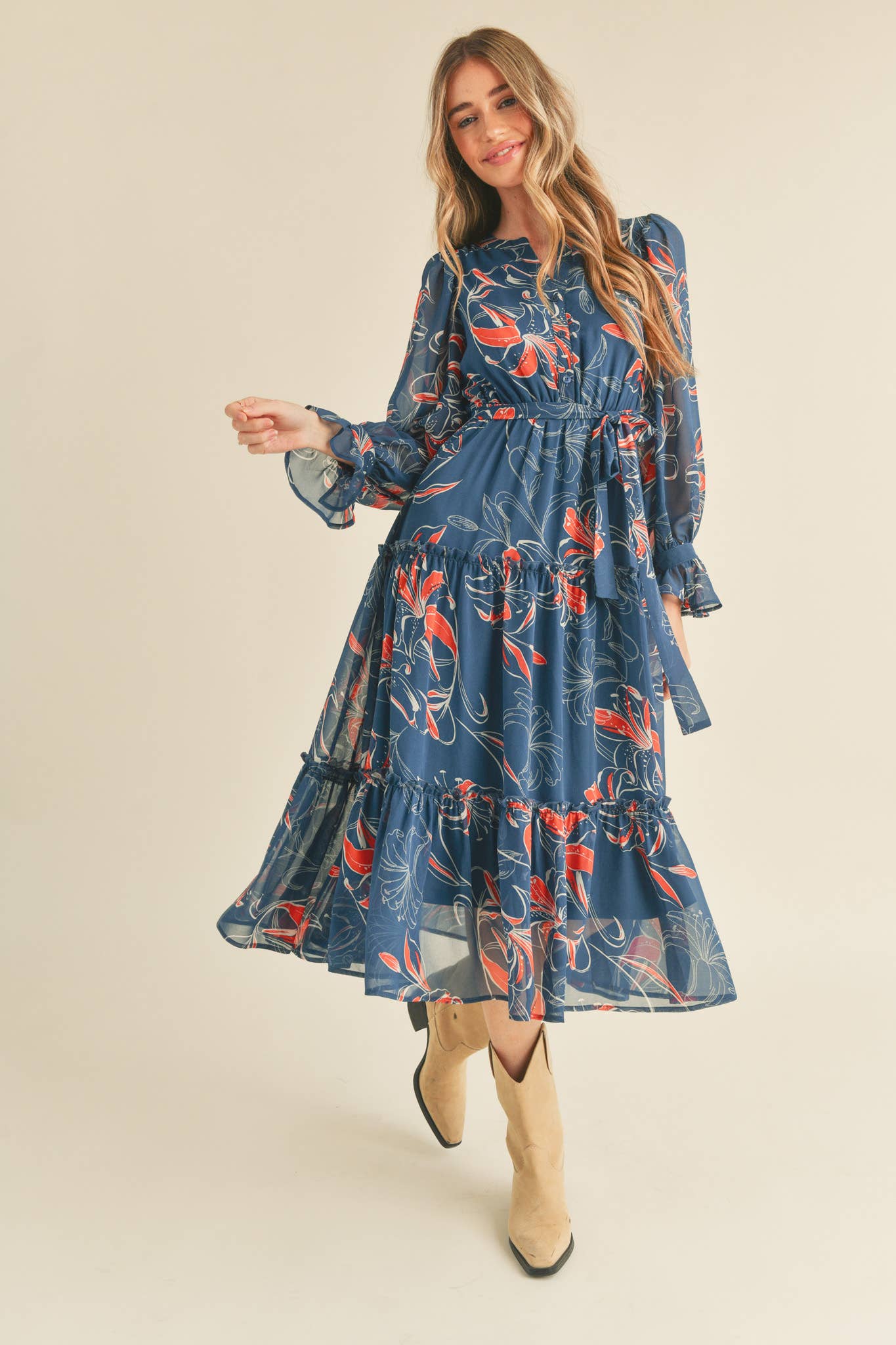 EXCLUSIVE PRINT TIERED BUTTON DOWN MIDI DRESS