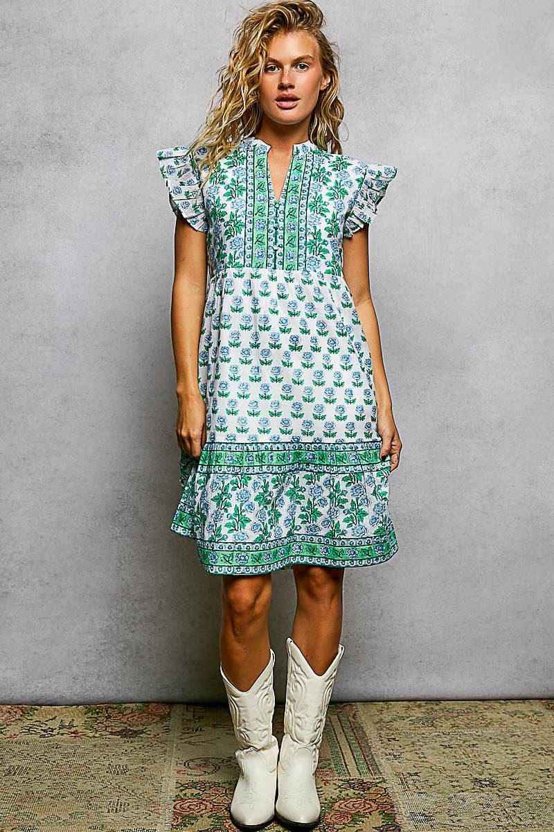 Boho Floral Print Ruffle Sleeve V-Neck Midi Dress