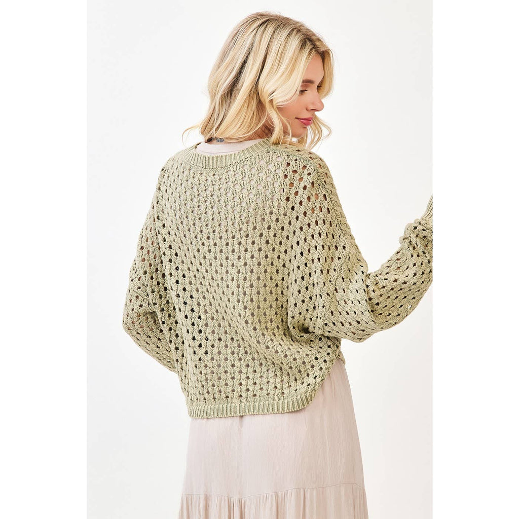 MINERAL WASH OPEN KNIT LONG SLEEVE SWEATER TOP