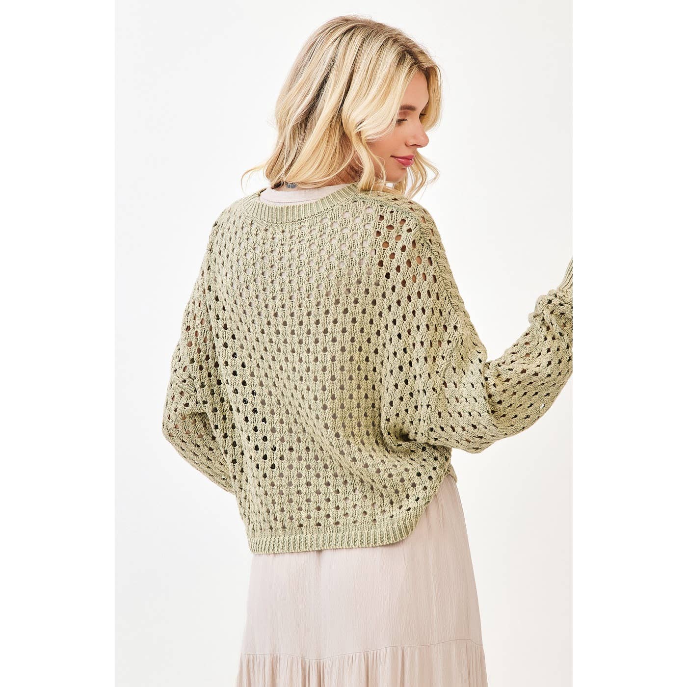 MINERAL WASH OPEN KNIT LONG SLEEVE SWEATER TOP