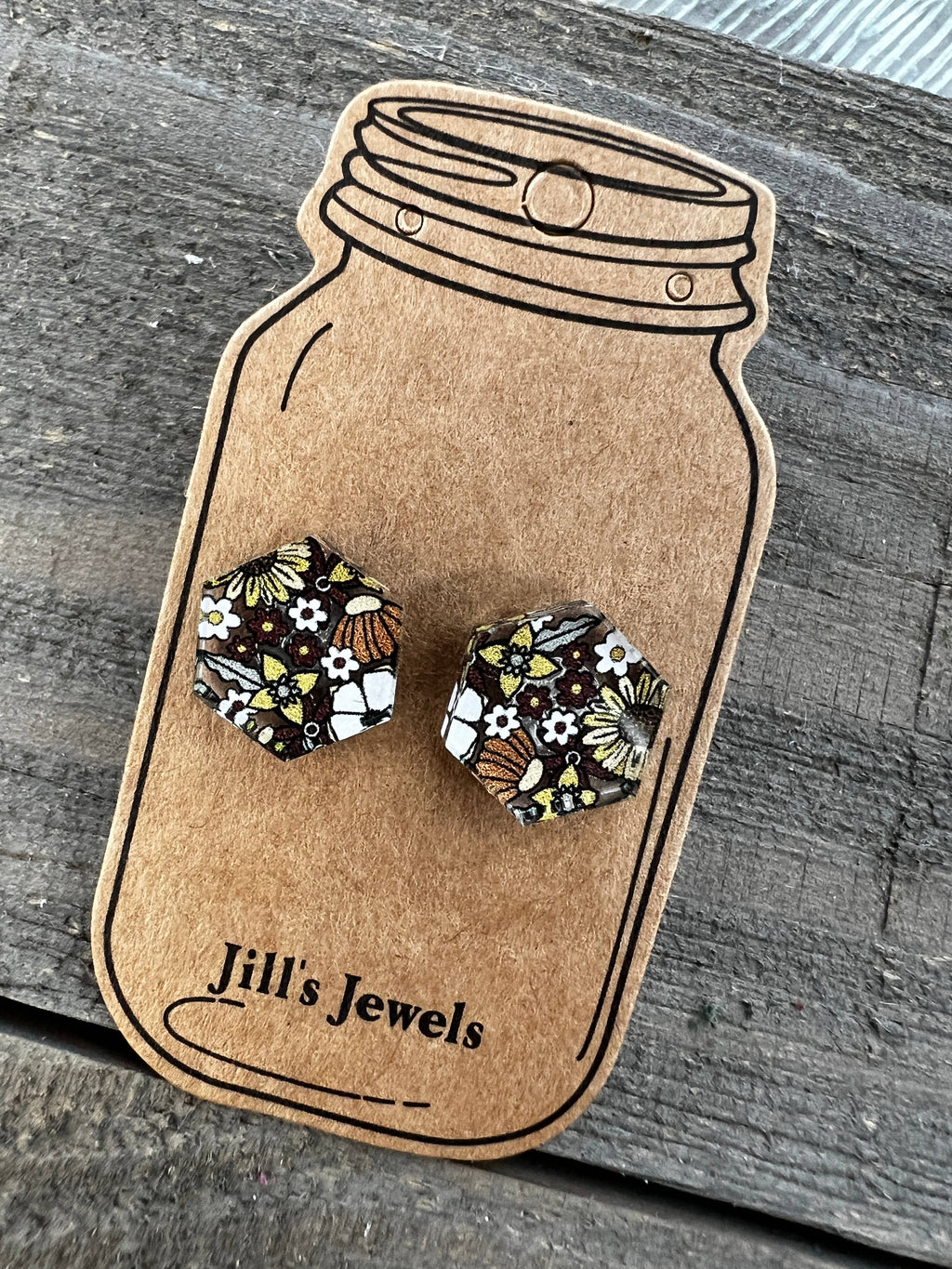 Yellow, Grey and Orange Boho Floral Stud Earrings