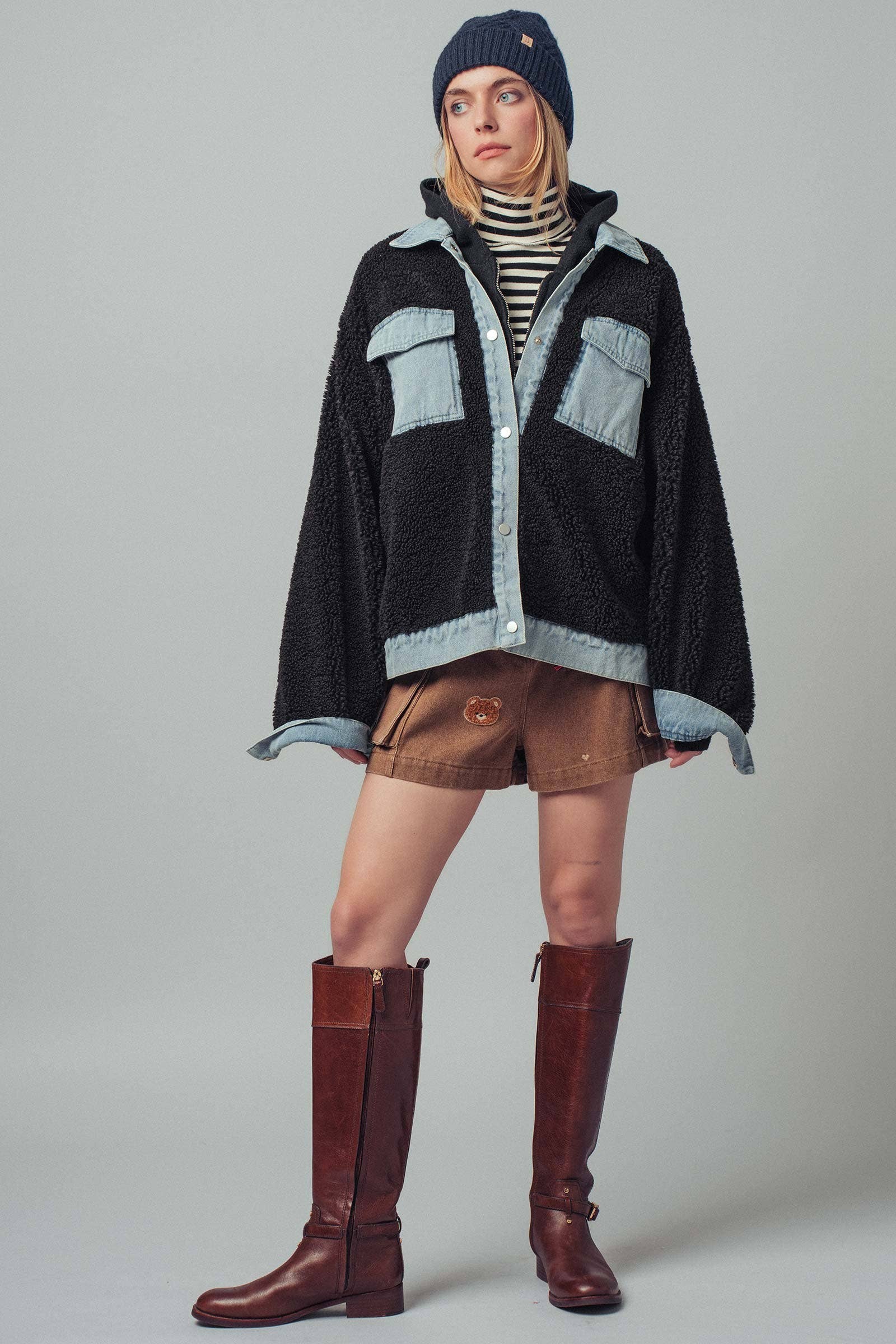 Denim Contrast Sherpa Mixed-Media Shacket