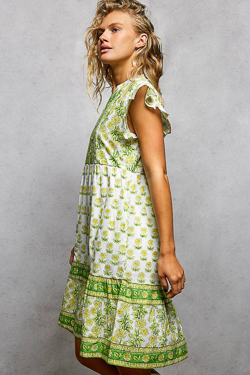 Boho Floral Print Ruffle Sleeve V-Neck Midi Dress