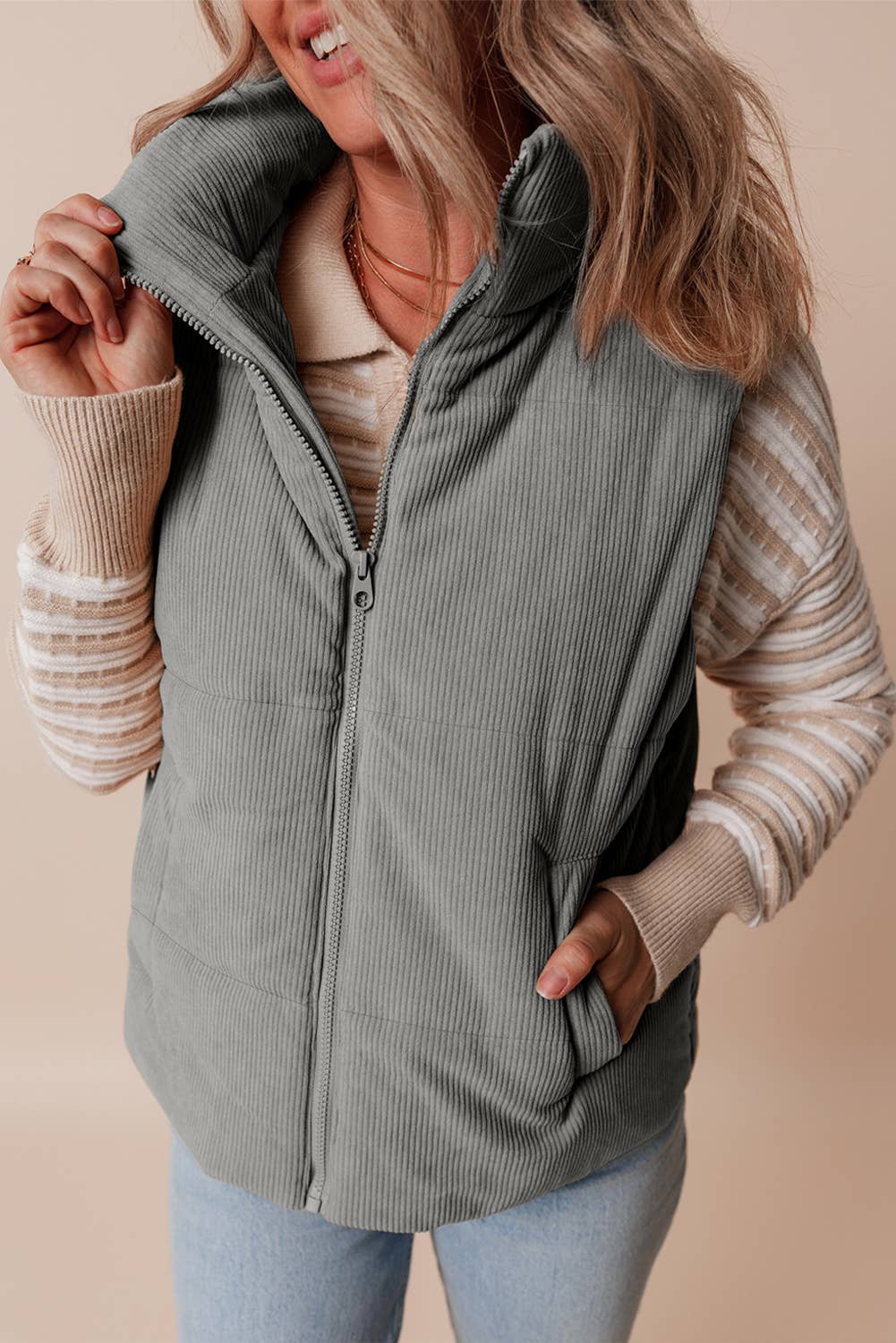 Womens Corduroy Stand Neck Zipped Puffer Vest