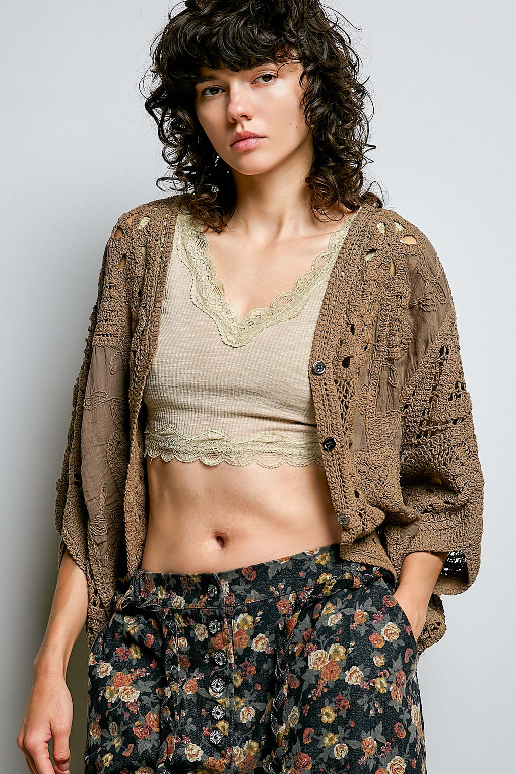 Batwing Sleeve Button Down Solid Crochet Cardigan Top