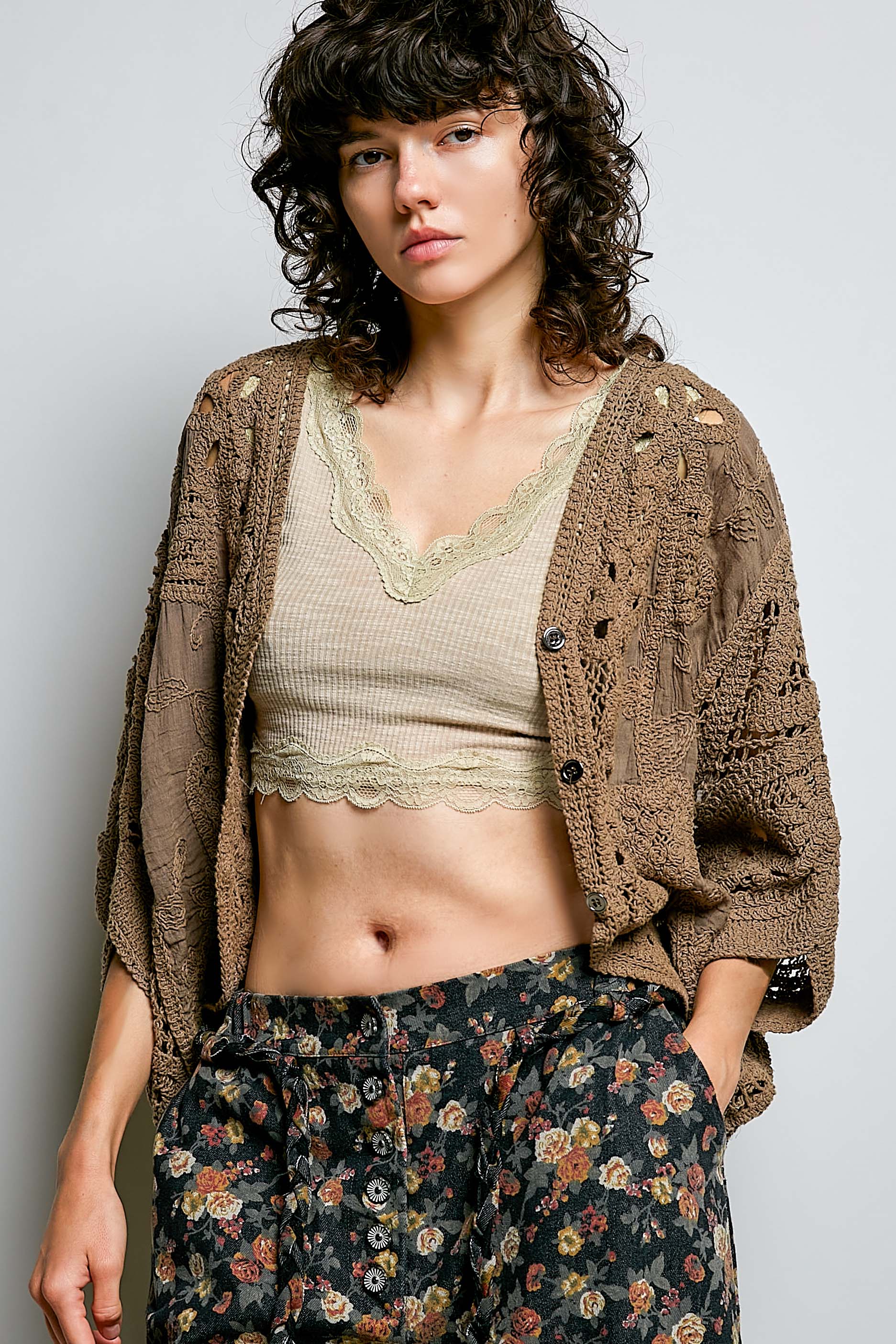 Batwing Sleeve Button Down Solid Crochet Cardigan Top