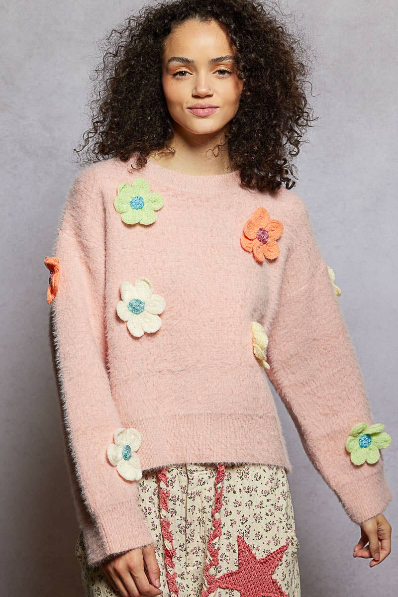 Round neck long sleeve 3D floral mohair sweater top SALE