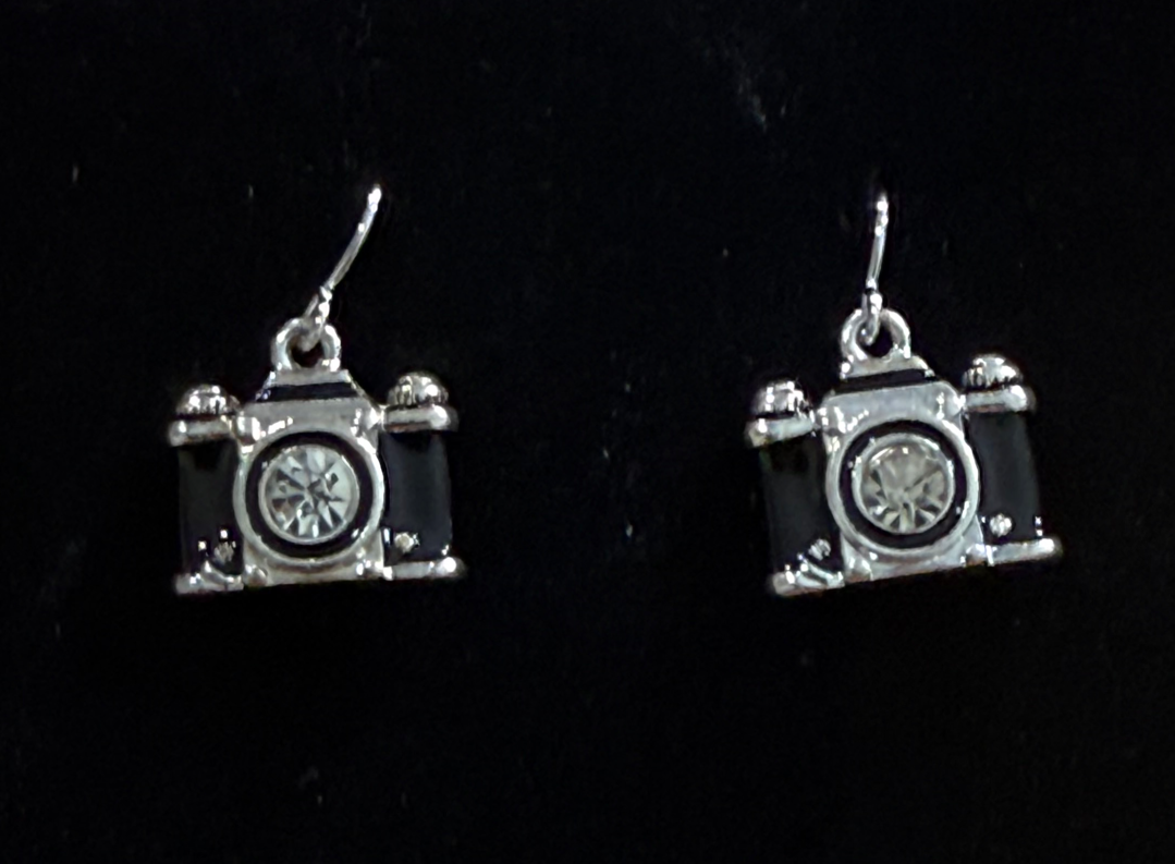 Crystal Lens Black_Silver Film Camera Retro Earrings