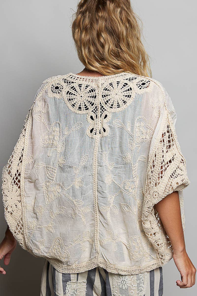 Batwing Sleeve Button Down Solid Crochet Cardigan Top