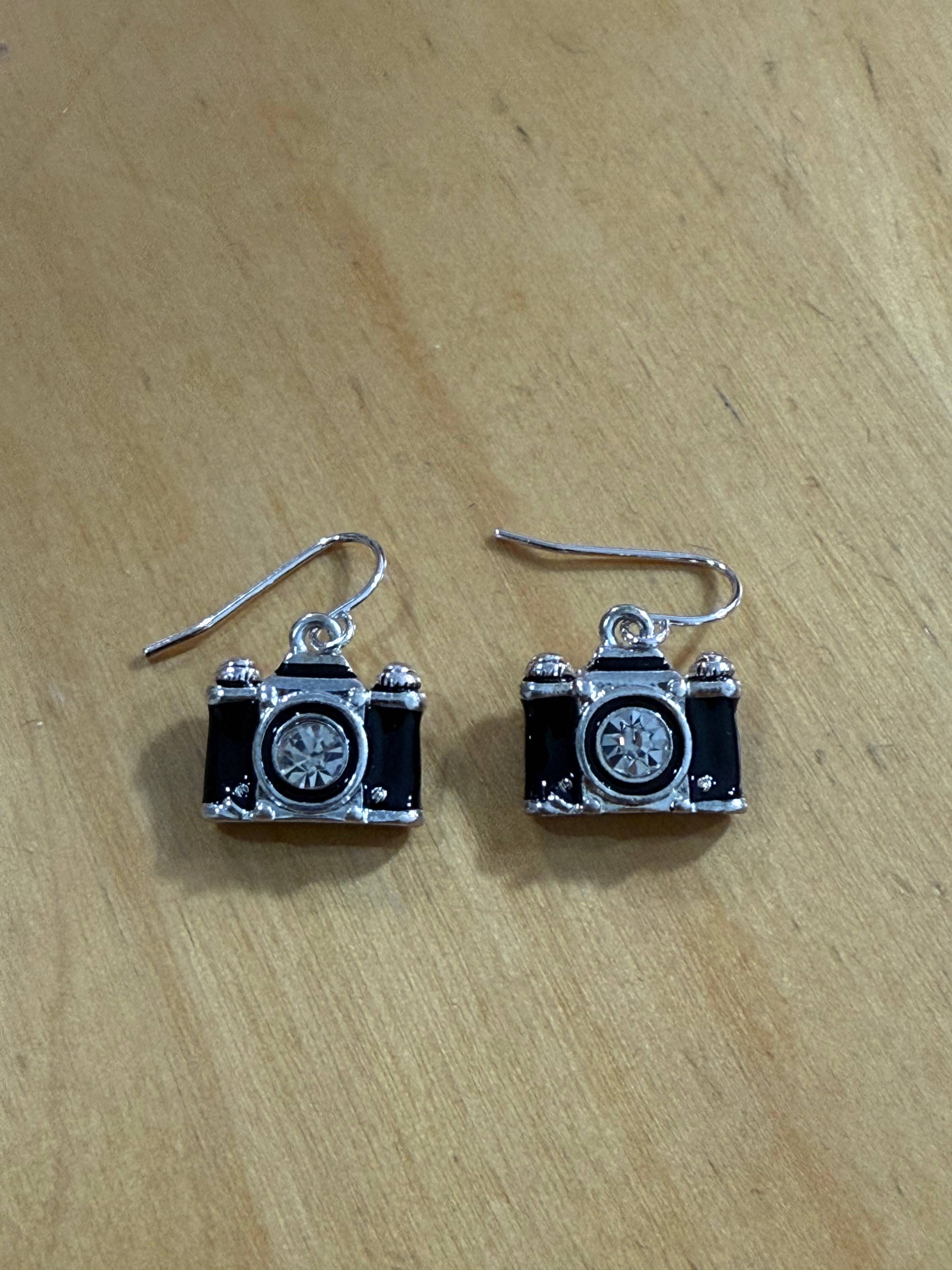Crystal Lens Black_Silver Film Camera Retro Earrings