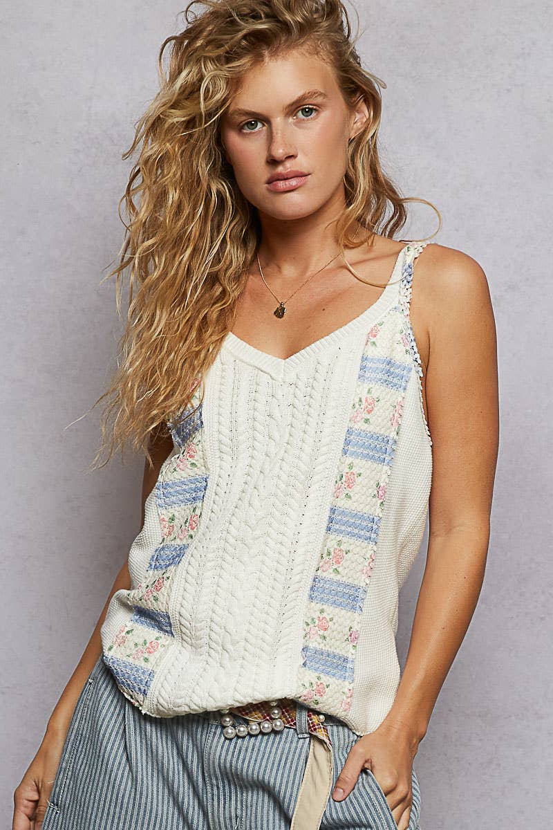 V-neck sleevless floral print striped sweater top