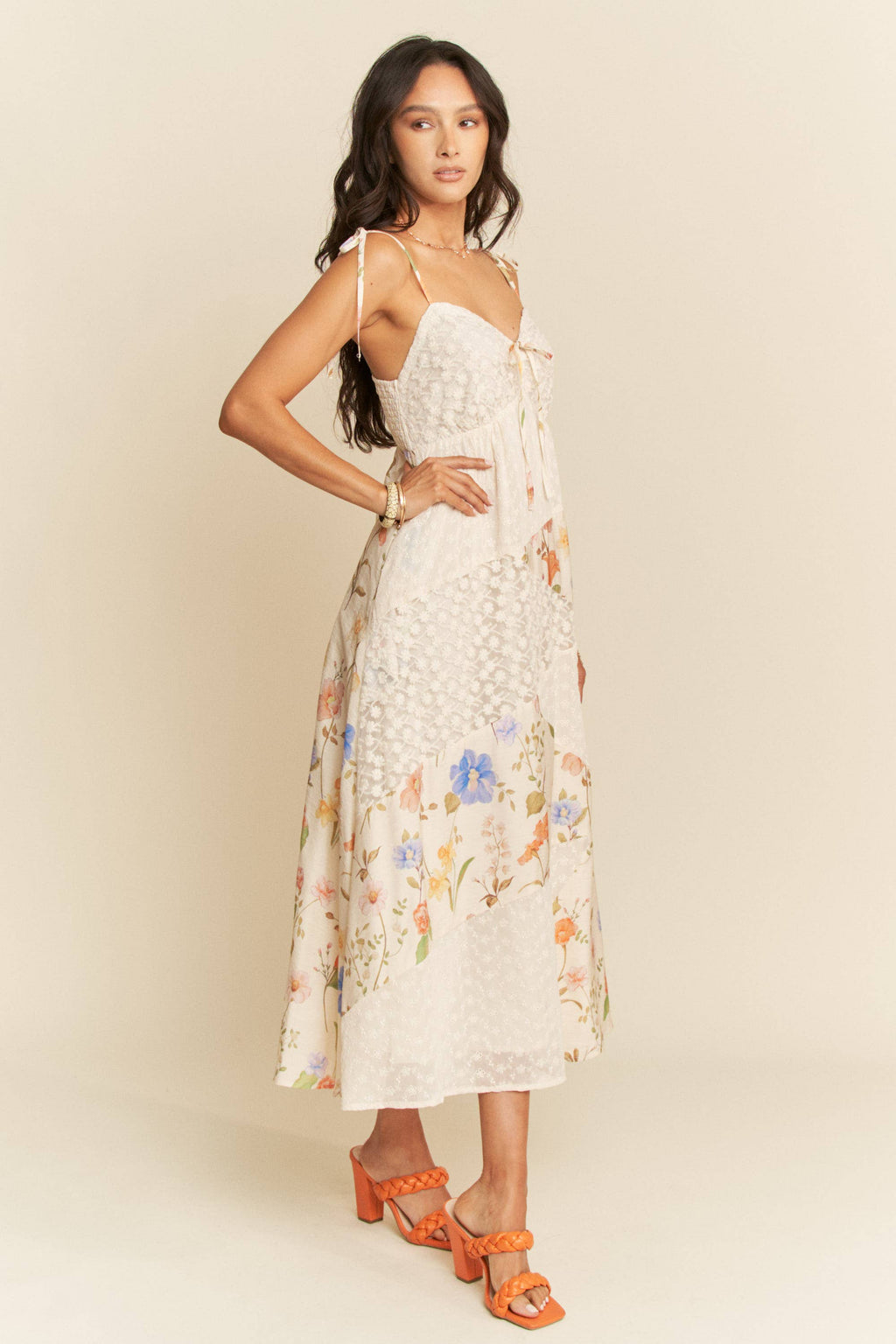 FLORAL LACE FABRIC DETAIL MAXI SLIP DRESS