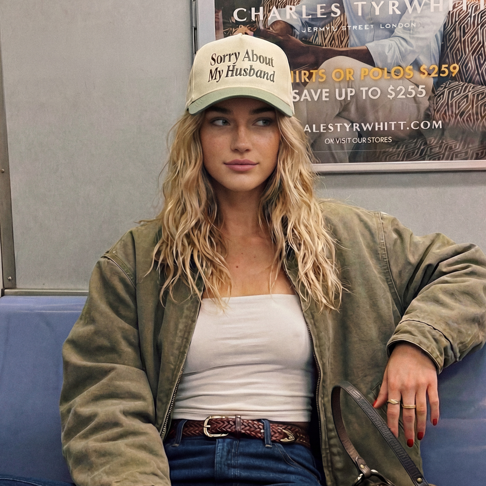 SORRY ABOUT MY HUSBAND TRUCKER HAT- Navy Stitching