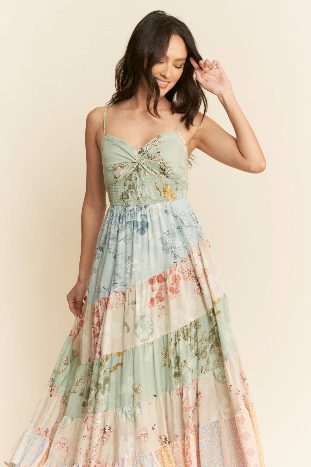 ETHNIC FLORAL MIX MATCHED TIERED MAXI DRESS