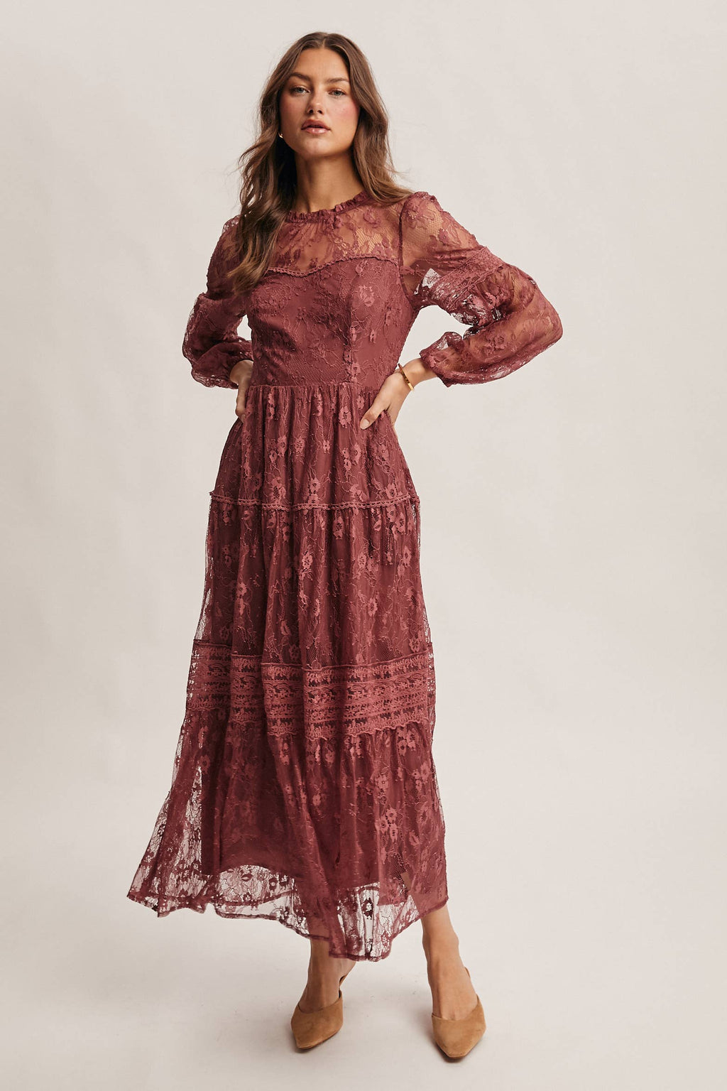 Tiered Long Sleeve Lace Maxi Dress